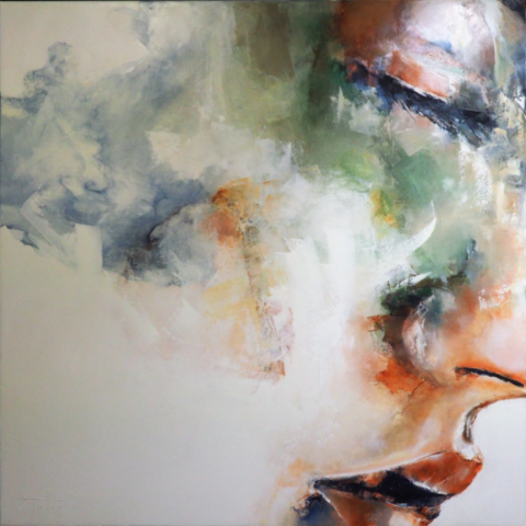 Aquarelle - 100x100cm Aquarelle — Peinture à l'huile originale (original oil painting) — Série des visages évanescents par Olivier Talon, French painter à L'Isle-sur-la-Sorgue