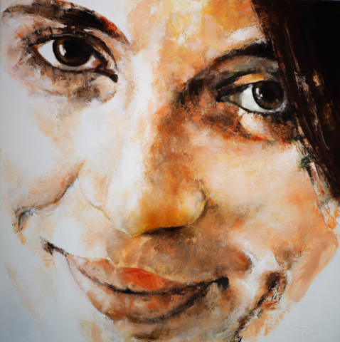 En-toute-delicatesse - 100x100cm En-toute-delicatesse— Peinture à l'huile originale (original oil painting) — Série des visages évanescents par Olivier Talon, French painter à L'Isle-sur-la-Sorgue